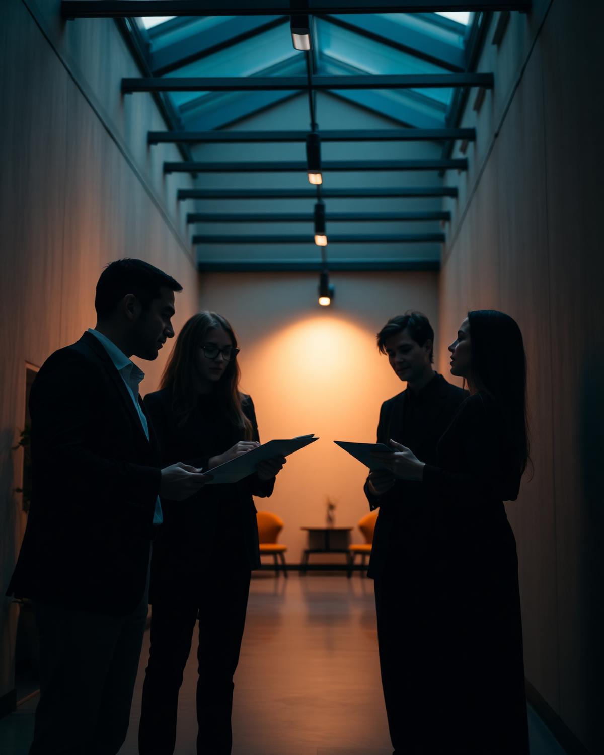 Professionals collaborating inside a modern architectural space